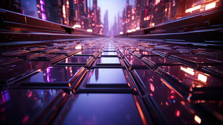 Futuristic Background. City scene. Metallic surface with neon accents and futuristic patterns. Created with Generative AIの素材