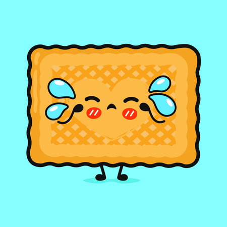 Crying cookies character. Vector hand drawn cartoon kawaii character illustration icon. Isolated on blue background. Angry cute cookies character conceptのイラスト素材