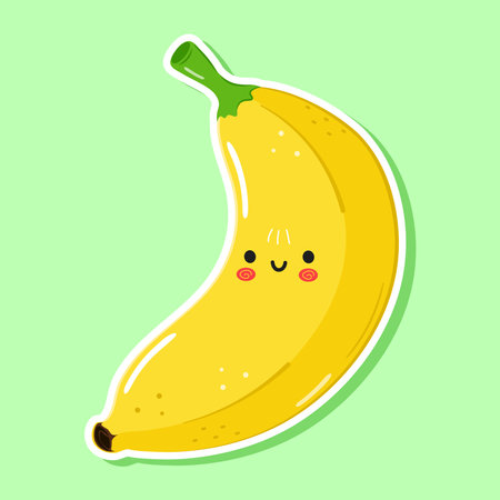 Cute funny sticker Banana character. Vector hand drawn cartoon kawaii character illustration icon. Isolated on green background. Happy Banana character conceptのイラスト素材