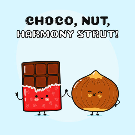 Chocolate and hazelnut character. Vector hand drawn cartoon kawaii characters, illustration icon. Funny cartoon happy chocolate and hazelnut friendsのイラスト素材