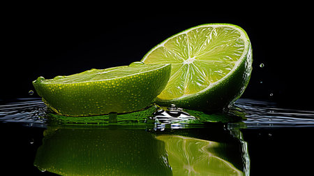 Close up shot of wet limes. Focus on the central part of sliced lime. Created with Generative AIの素材