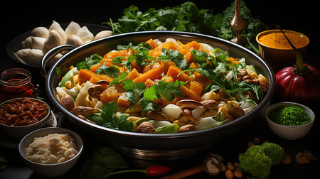 Homemade curry in plate on wooden table background. A medley of tender meats, vibrant vegetables, or seafood simmered in a rich and aromatic sauce infused with turmeric-based curry spices. Created with Generative AIの素材