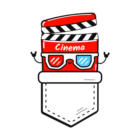 Cute funny movie clapper sign in pocket t-shirt print. Vector cartoon doodle line style character logo illustration design. Isolated white background. Funny cartoon letter, print for pocket t shirtのイラスト素材