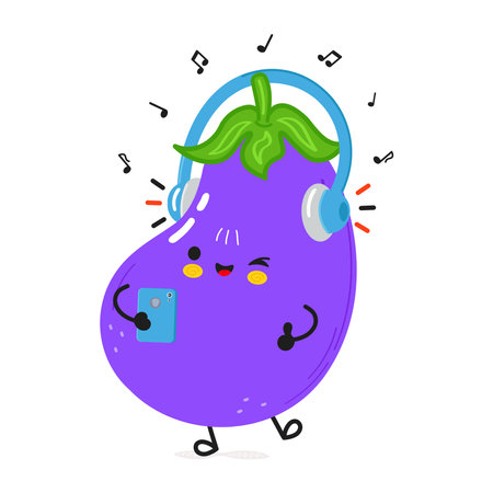 Cute funny Eggplant listens to music on headphones with a smartphone. Vector hand drawn cartoon kawaii character illustration icon. Isolated on white background. Happy Eggplant character conceptのイラスト素材