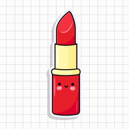 Cute funny Red lipstick sticker. Vector hand drawn cartoon kawaii character illustration icon. Isolated on background. Happy Red lipstick card character conceptのイラスト素材