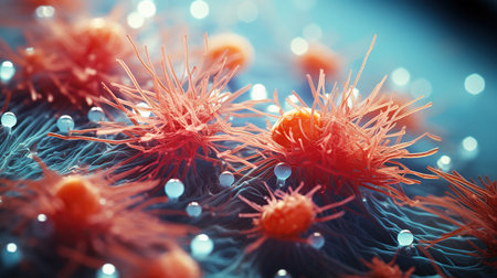 Candida albicans and bacteria colonies under the microscope. Created with Generative AIの素材