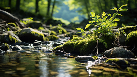 Forest river flowing. River in forest. Created with Generative AIの素材