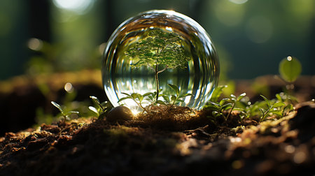 Crystal ball Earth On Soil In Forest, save clean planet, ecology concept. Earth Day concept. Created with Generative AIの素材