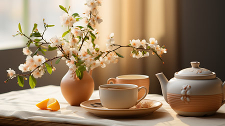 Tea concept with tea teapot with fresh tea on wooden background. Created with Generative AIの素材