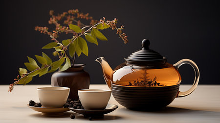Tea concept with tea teapot with fresh tea on wooden background. Created with Generative AIの素材