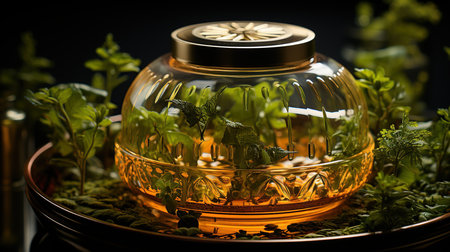 Tea concept with tea teapot with fresh tea on wooden background. Created with Generative AIの素材