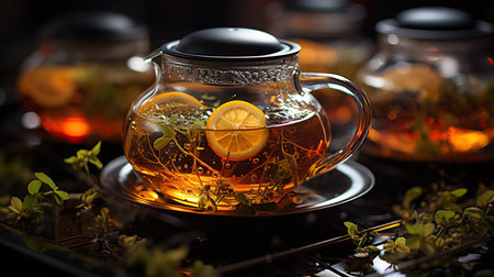 Tea concept with tea teapot with fresh tea on wooden background. Created with Generative AIの素材