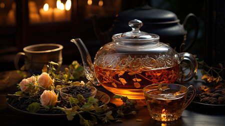 Tea concept with tea teapot with fresh tea on wooden background. Created with Generative AIの素材