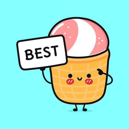 Funny Ice cream with poster best. Vector hand drawn cartoon kawaii character illustration icon. Isolated on blue background. Happy Ice cream think conceptのイラスト素材