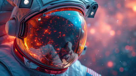 Astronaut in the space with orange giant black hole. Science fiction. Created with Generative AIの素材