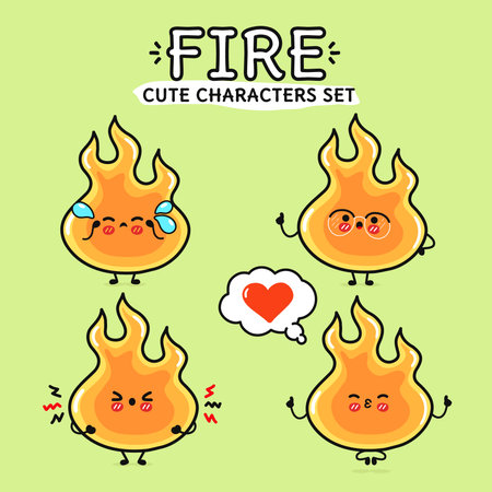Funny cute happy Fire characters bundle set. Vector hand drawn doodle style cartoon character illustration icon design. Isolated green background. Cute Fire mascot collectionのイラスト素材