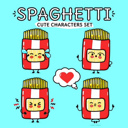Funny cute happy Pack Spaghetti characters bundle set. Vector hand drawn doodle style cartoon character illustration icon design. Isolated blue background. Cute Pack Spaghetti mascot collectionのイラスト素材
