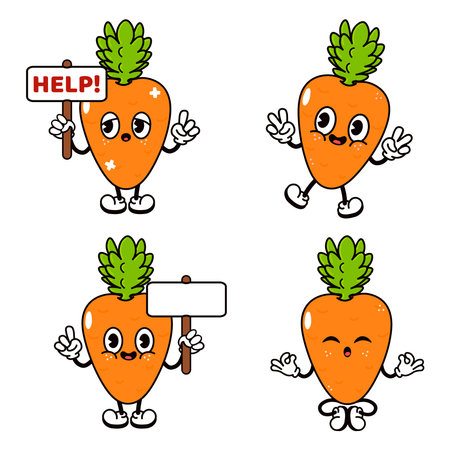 Funny happy Carrot characters bundle set. Vector hand drawn doodle style traditional cartoon vintage, retro character illustration icon design. Cute Carrot mascot characterのイラスト素材