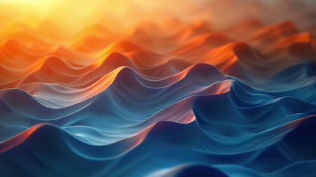 Shades of blue, green and yellow wave colors abstract background. A minimalistic background for presentation. Background with subtle waves at the bottom. Created with Generative AIの素材
