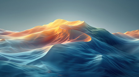 Shades of blue, green and yellow wave colors abstract background. A minimalistic background for presentation. Background with subtle waves at the bottom. Created with Generative AIの素材