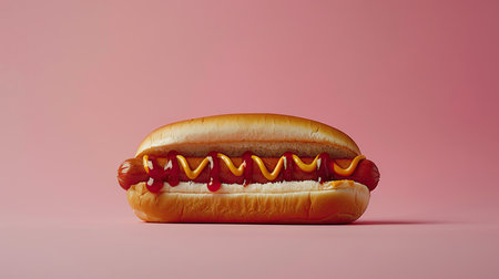 One hot dog with ketchup and mustard isolated on minimalistic background. Created with Generative AIの素材