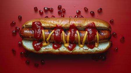 One hot dog with ketchup and mustard isolated on minimalistic background. Created with Generative AIの素材