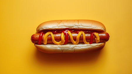 One hot dog with ketchup and mustard isolated on minimalistic background. Created with Generative AIの素材