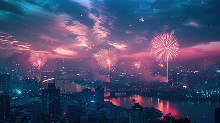 Fireworks over the city. Created with Generative AIの素材