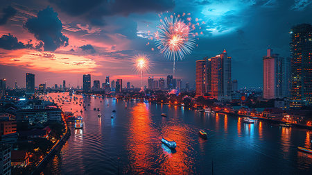 Fireworks over the city. Created with Generative AIの素材