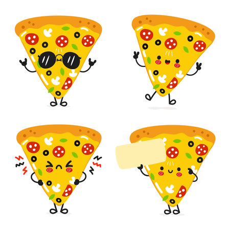 Funny Slice of pizza characters bundle set. Vector hand drawn doodle style cartoon character illustration icon design. Cute Slice of pizza mascot character collectionのイラスト素材