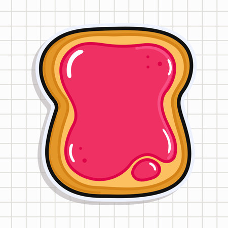 Cute funny Toast piece of bread with jam sticker. Vector hand drawn cartoon kawaii character illustration icon. Isolated on background Toast piece of bread with jam card character conceptのイラスト素材