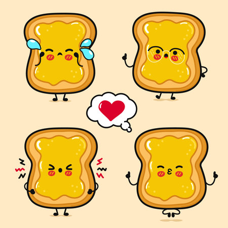 Toast with honey characters bundle set. Vector hand drawn doodle style character illustration. Isolated brown background. Toast with honey mascot characterのイラスト素材