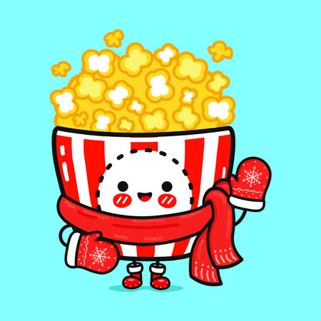 Funny smiling happy Popcorn christmas hat.Vector flat cartoon character illustration icon design. Isolated blue backgroundのイラスト素材