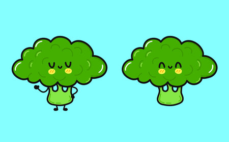 Broccoli character. Vector hand drawn cartoon character illustration icon. Isolated on blue background. Happy Broccoli character conceptのイラスト素材