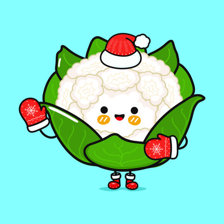Funny smiling happy Cauliflower christmas hat.Vector flat cartoon character illustration icon design. Isolated blue backgroundのイラスト素材