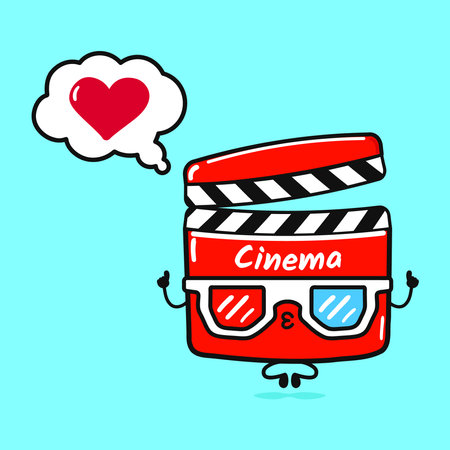Movie clapper doing yoga with speech bubble. Vector hand drawn cartoon kawaii character illustration icon. Isolated on blue background. Movie clapper in love character conceptのイラスト素材