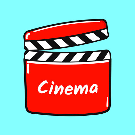 Movie clapper character. Vector hand drawn cartoon kawaii character illustration icon. Isolated on blue background. Movie clapper character conceptのイラスト素材