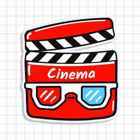 Cute funny Movie clapper sticker. Vector hand drawn cartoon character illustration icon. Isolated on background. Happy Movie clapper card character conceptのイラスト素材