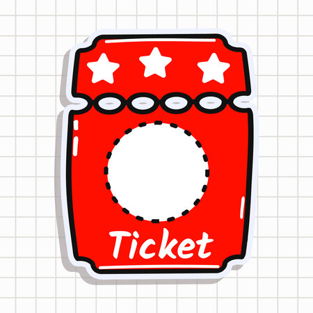 Cute funny Cinema ticket sticker. Vector hand drawn cartoon character illustration icon. Isolated on background. Happy Cinema ticket card character conceptのイラスト素材