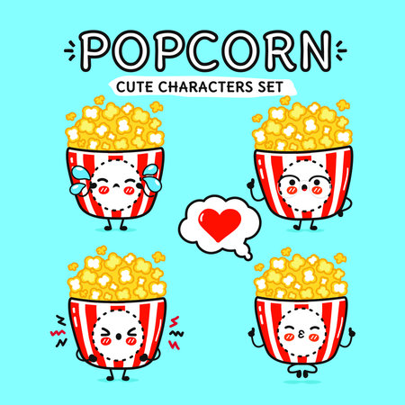 Funny cute happy Popcorn characters bundle set. Vector hand drawn doodle style character illustration icon design. Isolated blue background. Cute Popcorn mascot character collectionのイラスト素材