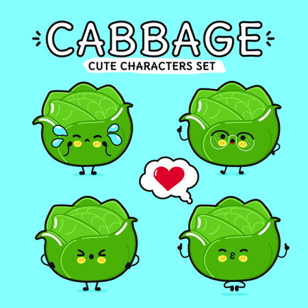Funny cute happy Broccoli characters bundle set. Vector hand drawn doodle style character illustration icon design. Isolated blue background. Cute Broccoli mascot character collectionのイラスト素材