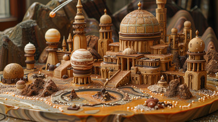 Chocolate observatory cake. Cake decorated with planets and stars. World chocolate day. Created with Generative AIの素材