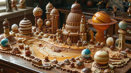 Chocolate observatory cake. Cake decorated with planets and stars. World chocolate day. Created with Generative AIの素材