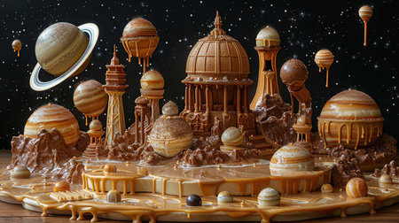 Chocolate observatory cake. Cake decorated with planets and stars. World chocolate day. Created with Generative AIの素材