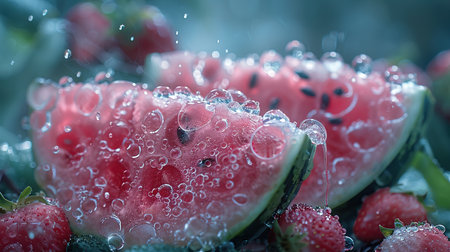 Juicy slices of watermelon. Red watermelon, fresh fruit. Created with Generative AIの素材