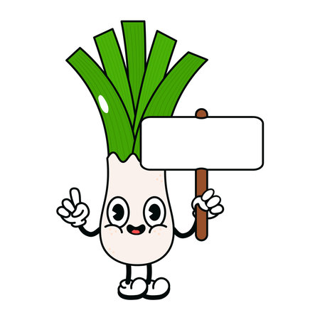 Cute funny Leek with inscription character. Vector hand drawn traditional cartoon vintage, retro, kawaii character illustration icon. Isolated background. Happy Leek characterのイラスト素材