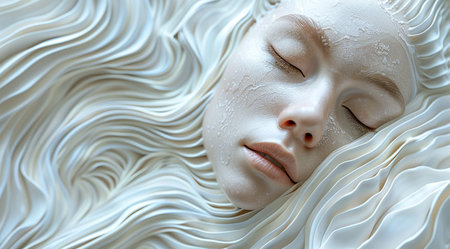 White sculpture of woman face, white background with geometric shapes. Created with Generative AIの素材