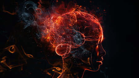 A detailed illustration of the human brain, highlighting areas in red and orange that represent mental health and energy flow. Created with Generative AIの素材