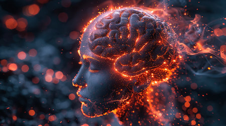A detailed illustration of the human brain, highlighting areas in red and orange that represent mental health and energy flow. Created with Generative AIの素材