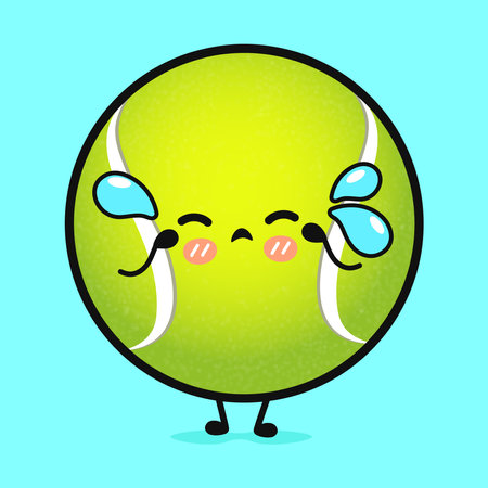 Cute cry Tennis ball character. Vector hand drawn cartoon kawaii character illustration icon. Isolated on blue background. Angry cute Tennis ball character conceptのイラスト素材